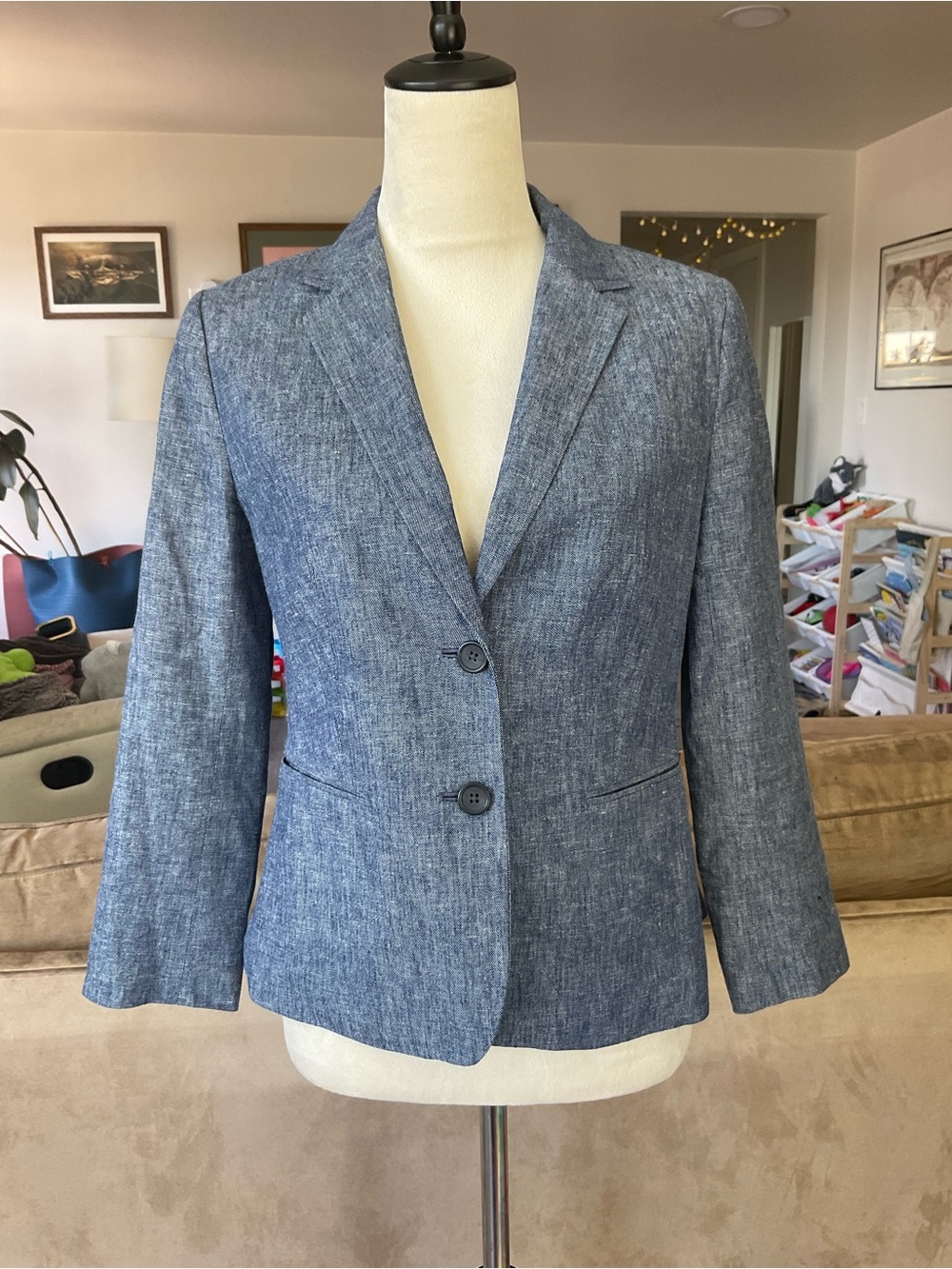 👛Quiet Luxury Banana Republic Heathered Blue Two-Button Linen-Blend Blazer Sz 4